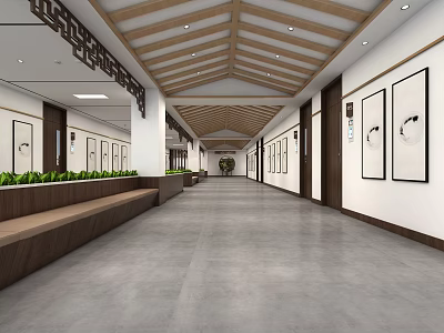 Chinese Style Corridor Interior With Wooden Ceiling Long Benches Hanging Paintings And Green Plants 3d model