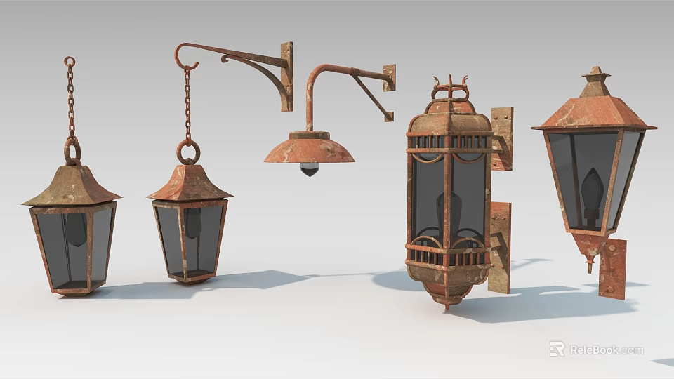 Vintage Style Rustic Copper Wall Lamps With Various Designs And Glass Panels 3d model 