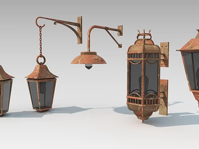 Vintage Style Rustic Copper Wall Lamps With Various Designs And Glass Panels 3d model