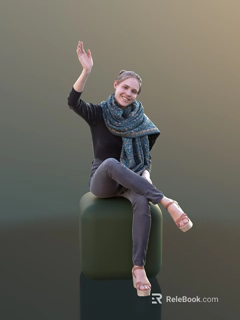 Woman Waving Smiling In Black Top Gray Pants Blue Patterned Scarf On Green Cube 3d model 