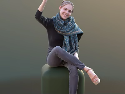 Woman Waving Smiling In Black Top Gray Pants Blue Patterned Scarf On Green Cube 3d model