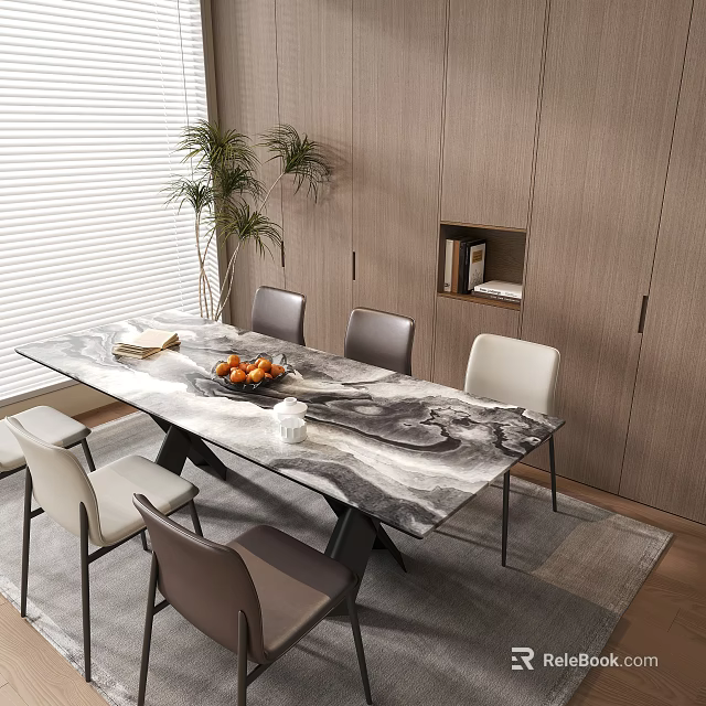 Modern Dining Table Set With Marble Top Chairs Wooden Cabinets And Plant 3d model 