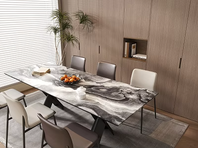 Modern Dining Table Set With Marble Top Chairs Wooden Cabinets And Plant 3d model