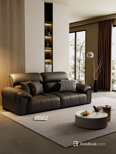 Modern Living Room Interior Featuring Black Leather Sofa Coffee Table And Decorative Pillows 3d model 
