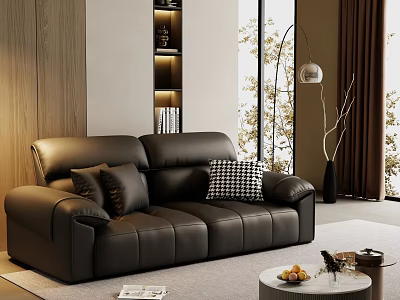 Modern Living Room Interior Featuring Black Leather Sofa Coffee Table And Decorative Pillows 3d model