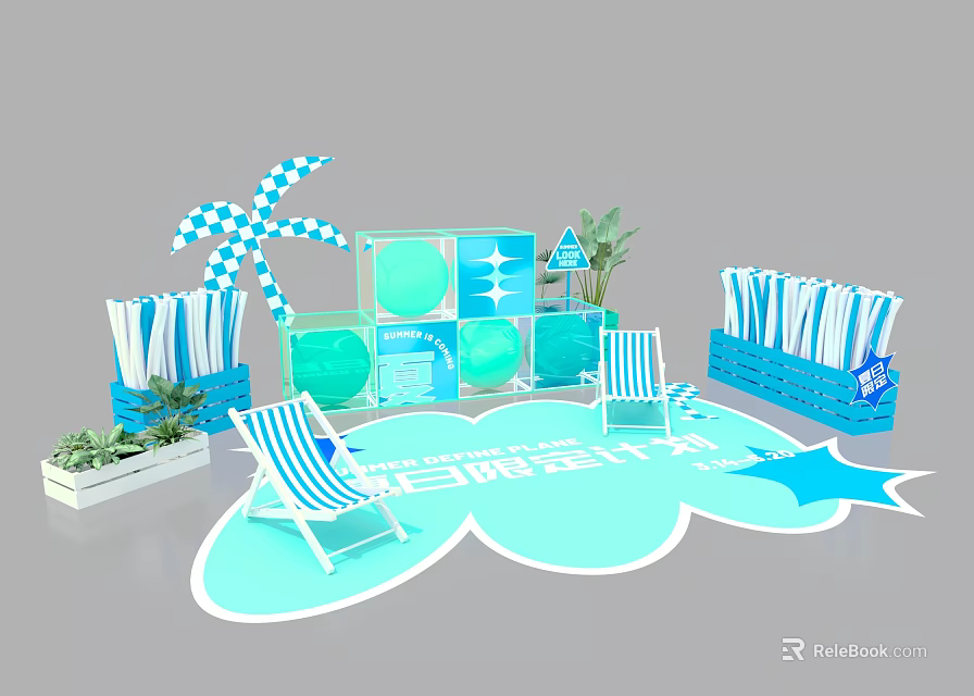 Summer Event Decor With Blue White Stripes Deck Chairs Green Spheres And Cloud Shaped Floor 3d model 