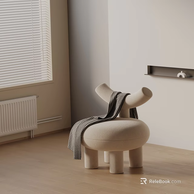 Beige Leisure Chair with Unique Armrests and Checkered Blanket in Minimalist Interior 3d model 