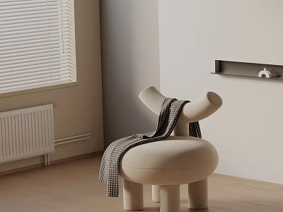 Beige Leisure Chair with Unique Armrests and Checkered Blanket in Minimalist Interior 3d model
