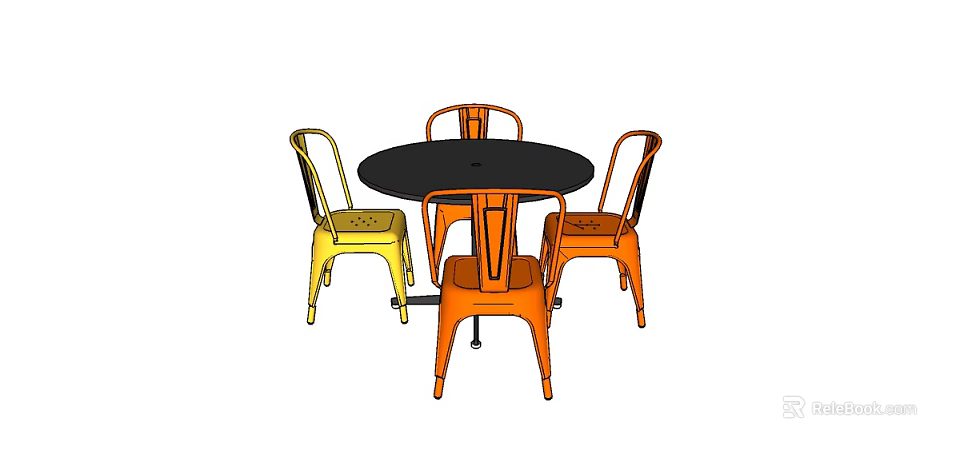Modern Round Black Dining Table With Four Yellow And Orange Metal Chairs 3d model 