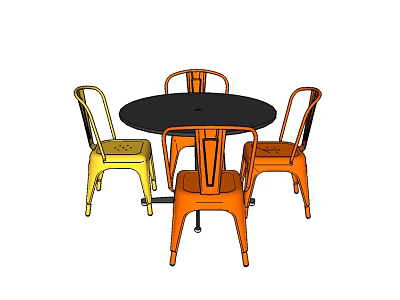 Modern Round Black Dining Table With Four Yellow And Orange Metal Chairs 3d model