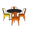 Modern Round Black Dining Table With Four Yellow And Orange Metal Chairs