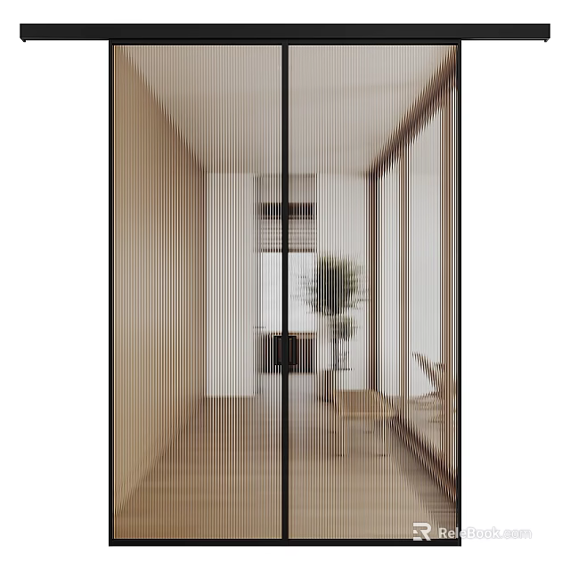 Modern Wooden Frame Glass Sliding Doors In Interior Space With Green Plant And Chair 3d model 