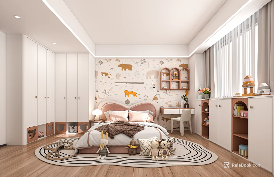 Cute Kids Room Interior With Animal Themed Wallpaper Bed Bookshelf And Round Rug 3d model 