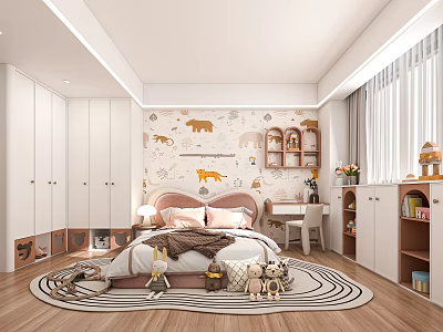 Cute Kids Room Interior With Animal Themed Wallpaper Bed Bookshelf And Round Rug 3d model
