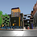 Tasty China Themed Yellow Installation With Colorful Balls Purple Signs Green Plants And Brick Wall
