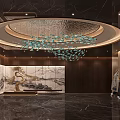 Elegant Hotel Lobby Interior With Circular Ceiling Blue Glass Fish Decorations And Marble Floor