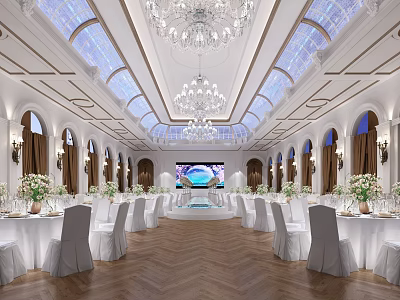 Luxurious Banquet Hall With Crystal Chandeliers Arched Windows Decorative Walls And Dining Tables 3d model