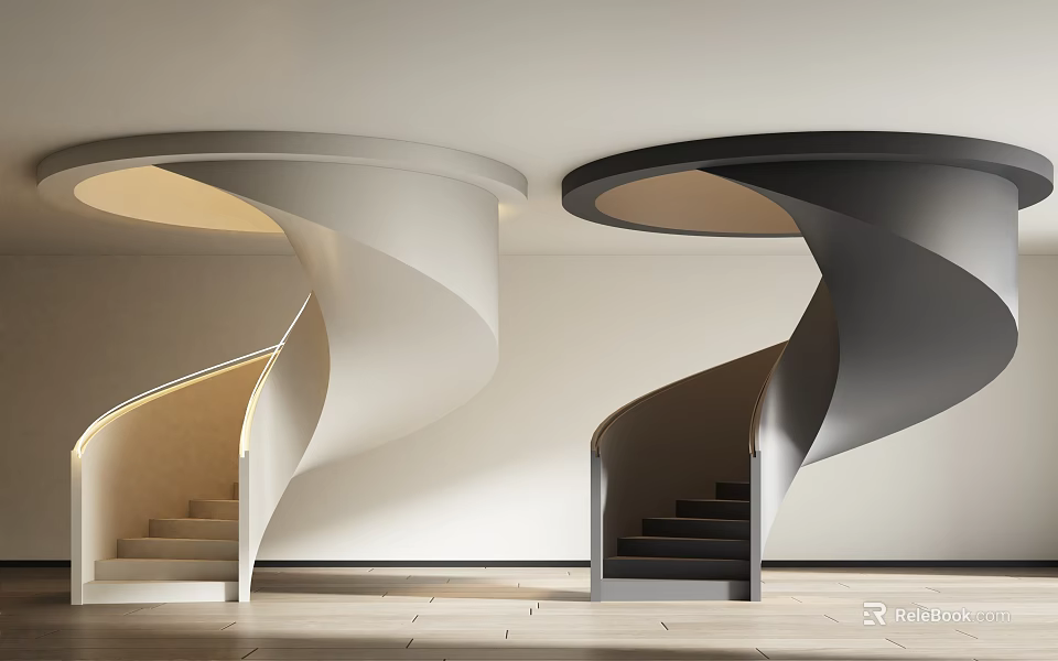 Modern Spiral Staircase Design With Light And Dark Curved Structures In Minimalist Interior 3d model 