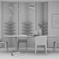 Modern Dining Table Set With Dark Chairs Chandelier Lighting And Wall Decor 3d model