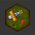 Toy Blue And Yellow Biplane On Green Grass With Red Box And Brown Object