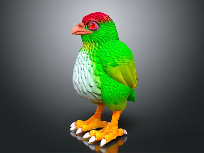 Colorful Bird with Red Head Green Body White Belly Orange Feet and White Claws 3d model