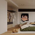 Modern Bedroom Interior Design With Green Bedspread Wall Painting Plant And Curtains