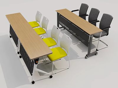 Modern Office Tables With Yellow And Gray Chairs On Mobile Wheels 3d model