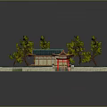 Ancient Building with Traditional Tiled Roof and Red Gate in Grassy Yard