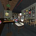 Industrial Style Milk Tea Shop Interior With Wooden Shelves Hanging Lamps And Bar Counter