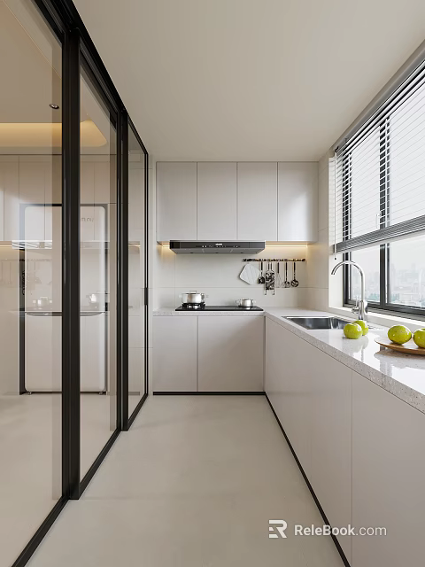 Modern Kitchen Interior With White Cabinets Window Countertop And Fresh Fruits 3d model