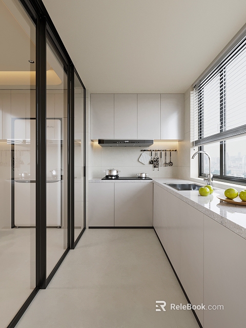 Modern Kitchen Interior With White Cabinets Window Countertop And Fresh Fruits 3d model 