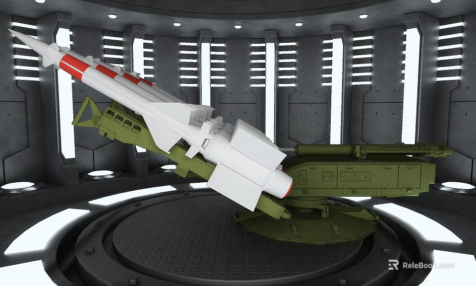 Detailed Military Missile Launcher Weapon Model on Circular Platform with Gray Structure 3d model 