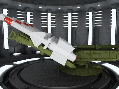 Detailed Military Missile Launcher Weapon Model on Circular Platform with Gray Structure 3d model