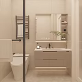Minimalist Bathroom Interior With Beige Tiled Walls Vanity Sink Round Mirror Wooden Stool And Plant