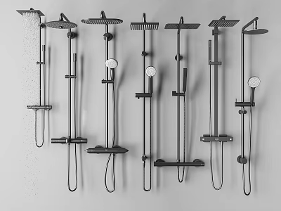 Different Types of Wall Mounted Shower Systems Including Handheld Heads and Modern Designs 3d model