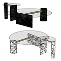 Modern Coffee Table with Glass Top Black and White Marble Base and Metal Accents