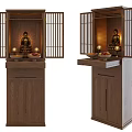 Japanese Style Wooden Buddhist Shrine Cabinet With Sliding Lattice Doors And Buddha Statue