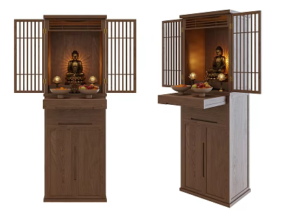 Japanese Style Wooden Buddhist Shrine Cabinet With Sliding Lattice Doors And Buddha Statue 3d model