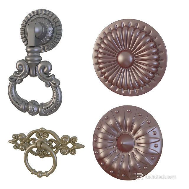 Vintage Metal Door Knockers With Floral And Circular Decorative Patterns 3d model 