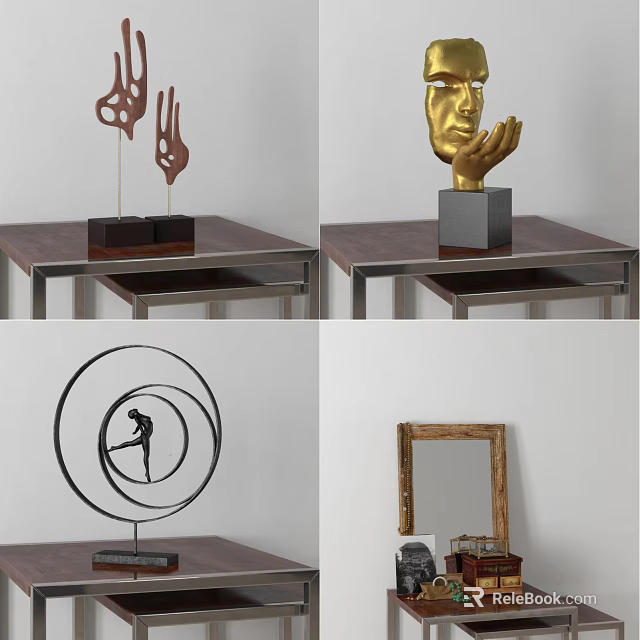 Elegant Decorative Ornament Collection Featuring Hand Shaped Metal Circular And Wooden Frame Tabletop Displays 3d model 