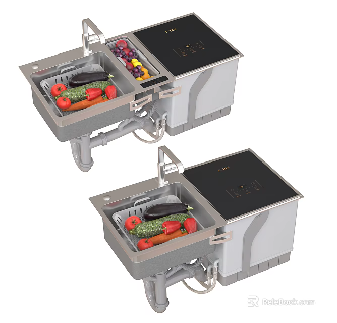 Modern Kitchen Appliance With Sink Vegetable Fruit Washing Black Panel Gray Body 3d model
