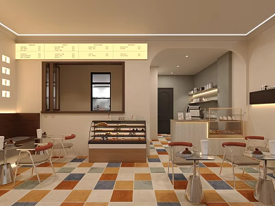 Cozy Dessert Shop Interior With Glass Display Case Colorful Tiled Floor And Tables 3d model
