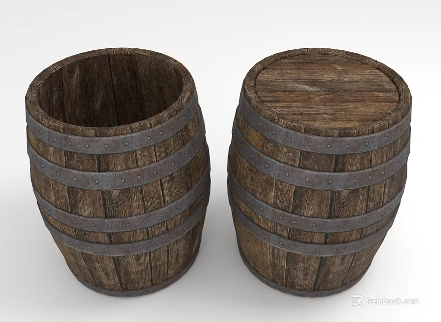 Decorative Ornament Set of Two Wooden Barrels with Metal Hoops One Lidded and One Open 3d model 