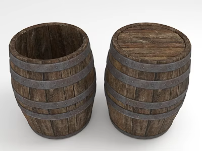 Decorative Ornament Set of Two Wooden Barrels with Metal Hoops One Lidded and One Open 3d model