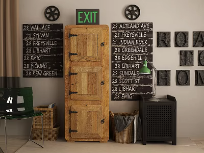 Wooden Entryway Cabinet with Side Cabinet and Chalkboard List EXIT Sign Baskets Table Lamp 3d model