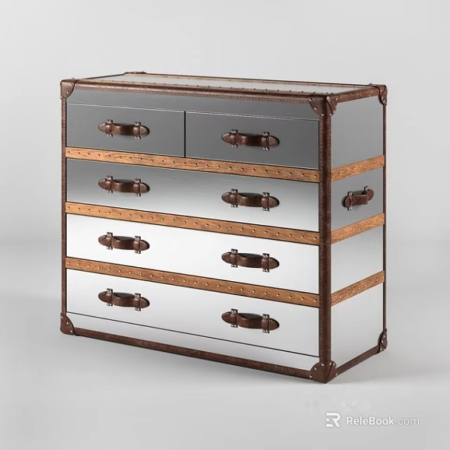 Elegant Chest of Drawers with Mirrored Drawers Brown Frame and Metal Handles 3d model 