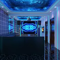Modern KTV Interior With Blue Lighting Bar Counter Leather Sofa And Marble Floor