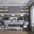 Modern Home Office With Gray Cabinets Bookshelves Two Computer Monitors Blue Chairs And Wooden Flooring