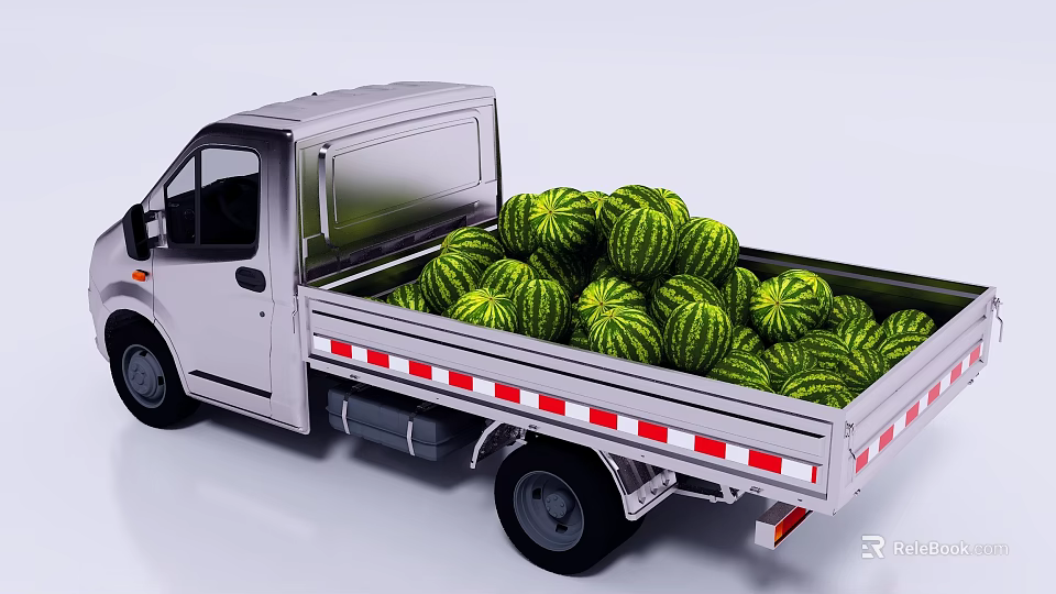 Silver Utility Truck Open Cargo Bed Fully Loaded With Ripe Watermelons 3d model 