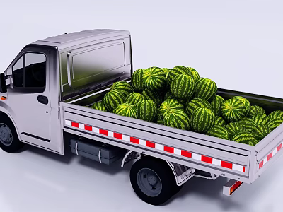 Silver Utility Truck Open Cargo Bed Fully Loaded With Ripe Watermelons 3d model